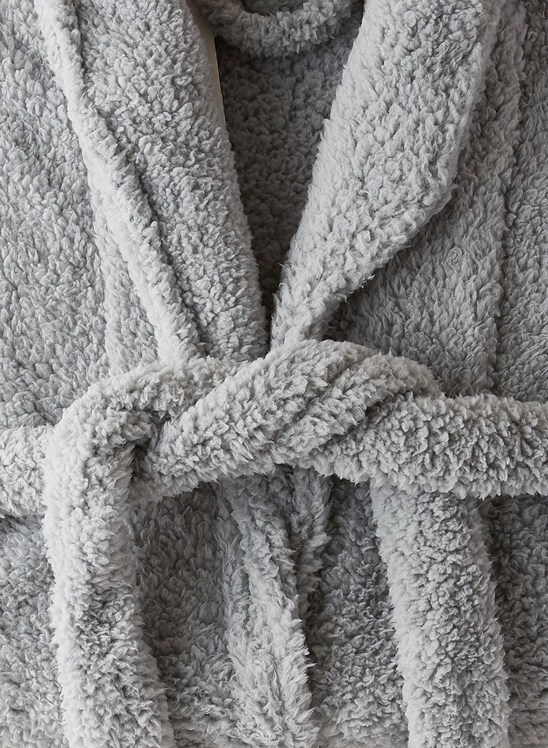 Noon East - Bathrobe - 240 GSM Faux Fur Fleece Ultra Soft, Soft Touch - Shawl Collar & Pocket - Light Grey Color - 1 Piece Light Grey - Image 1