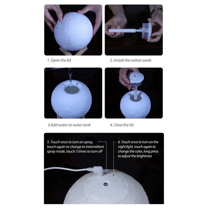 EHOME 880ml Moon Shape Night Light Quiet Mist Humidifier Diffuser White 15.5cm - Image 3