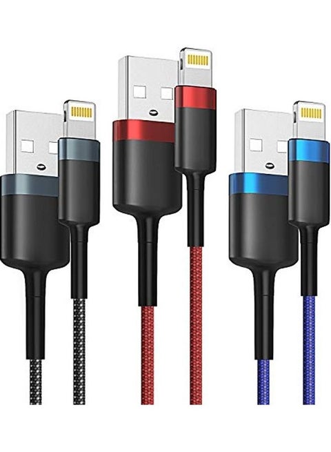 Pack Of 3 USB To Lightning Braided Long Charger Multicolour