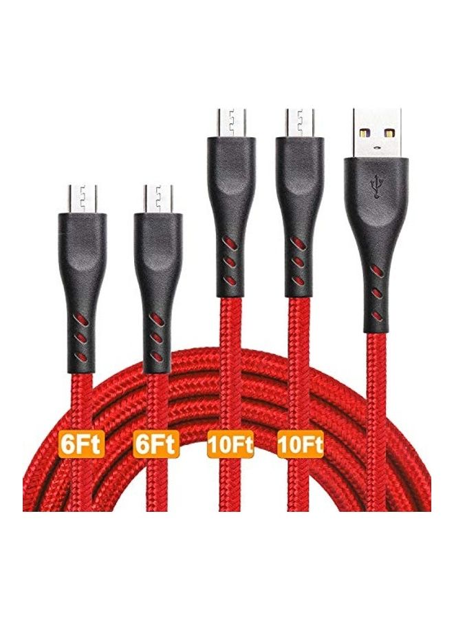 مجموعة كابلات شحن أندرويد مضفرة بمنفذ مايكرو USB مكونة من 4 قطع . أحمر وأسود