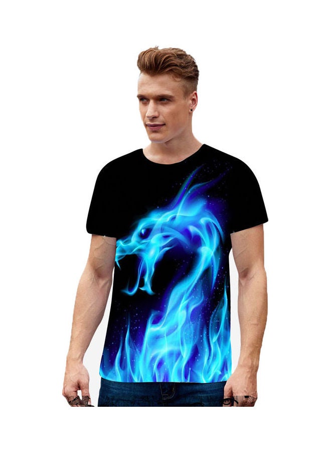 3D Fire Dragon Printed T-Shirt Black/Blue - Image 1