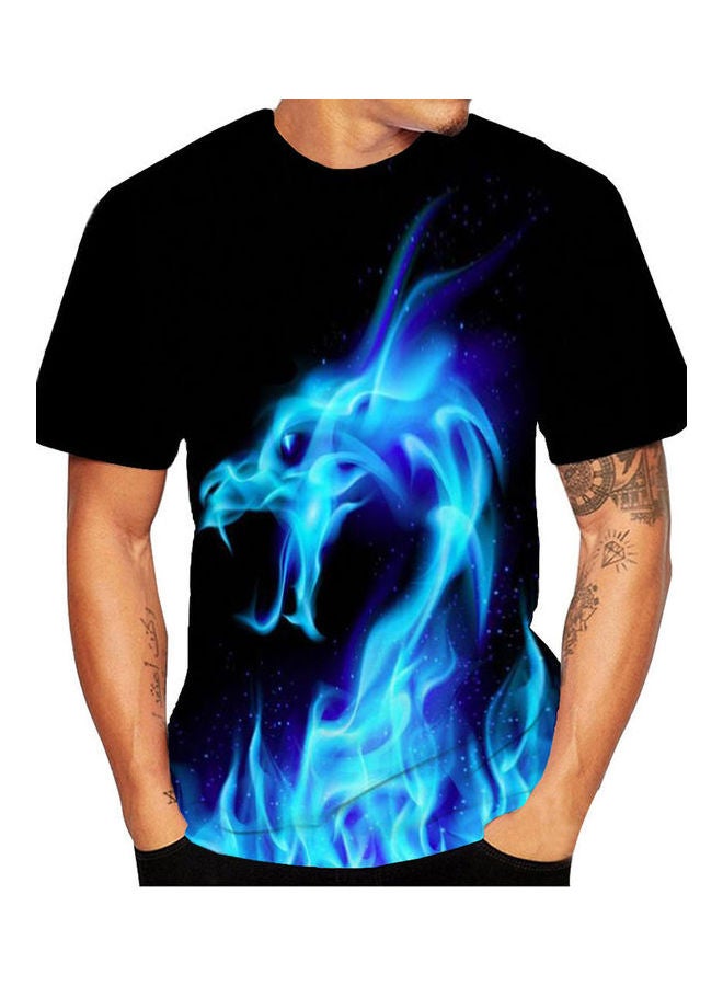 3D Fire Dragon Printed T-Shirt Black/Blue - Image 3