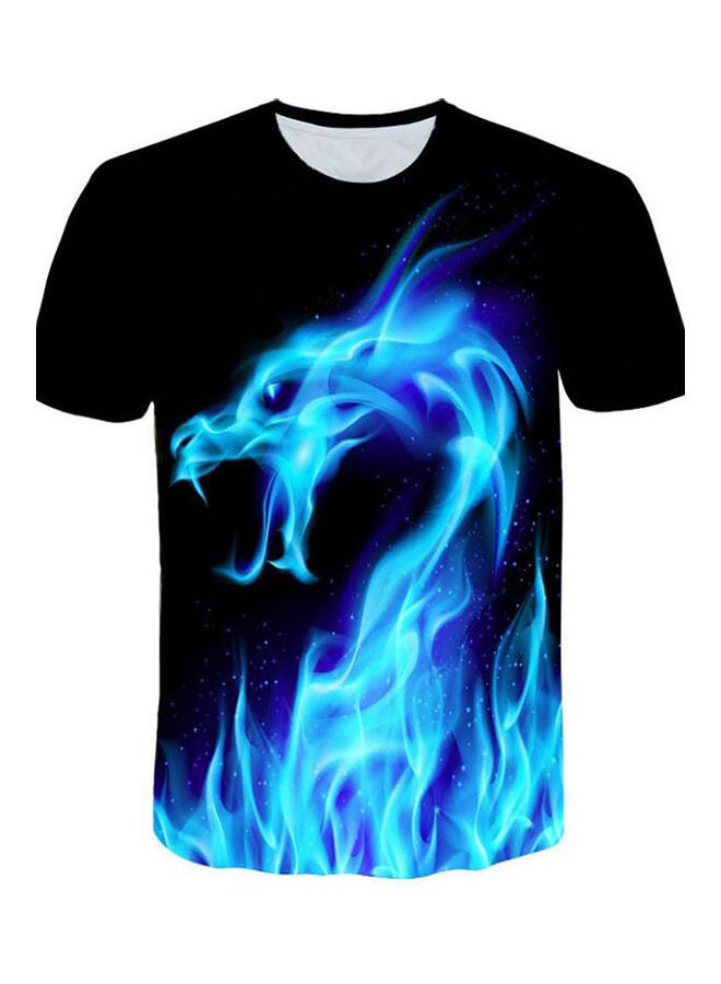 3D Fire Dragon Printed T-Shirt Black/Blue - Image 2