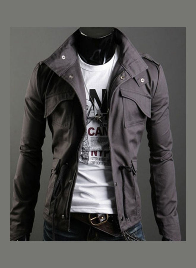 Zipper Button Lapel Jacket Gray - Image 1