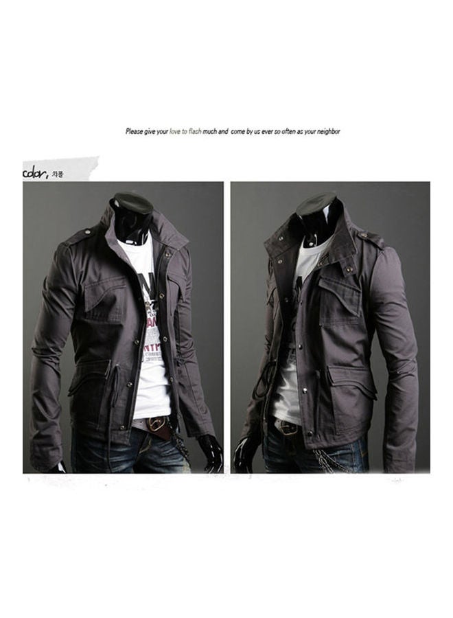 Zipper Button Lapel Jacket Gray - Image 2