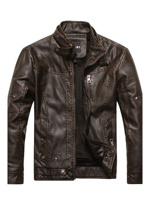 Leather Pure Color Stand Collar Brushed Jacket Brown