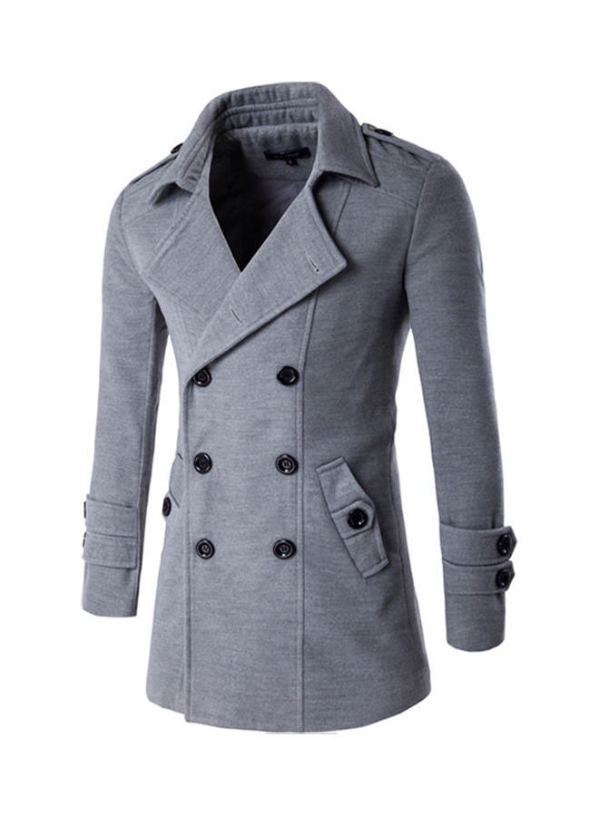 Generic - Double-Breasted Woolen Trench Coat Light Grey - Image 1