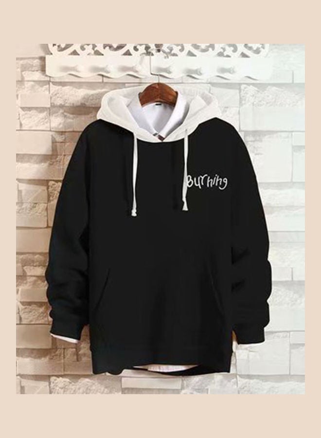 Printed Casual Loose Coat Hooded Sweater Top Black - Image 1