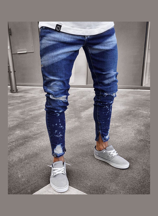 بنطال جينز رفيع بسحاب بتصميم ممزق ورتوش طلاء أزرق داكن - Image 2