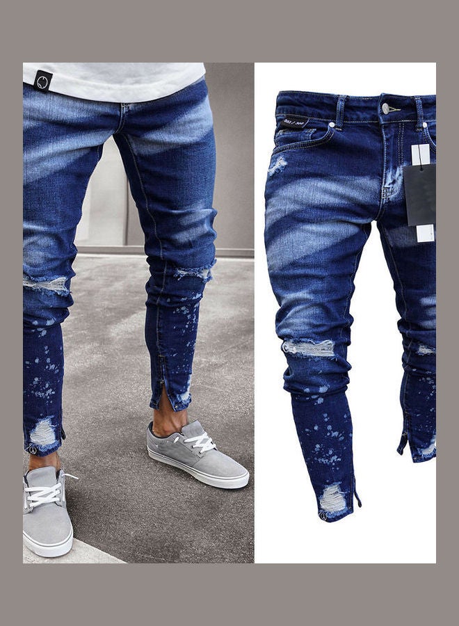بنطال جينز رفيع بسحاب بتصميم ممزق ورتوش طلاء أزرق داكن - Image 5