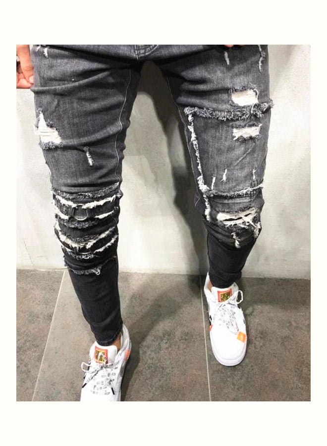 Elastic Waist Broken Hole Slim Jeans Pencil Pants Gray - Image 1