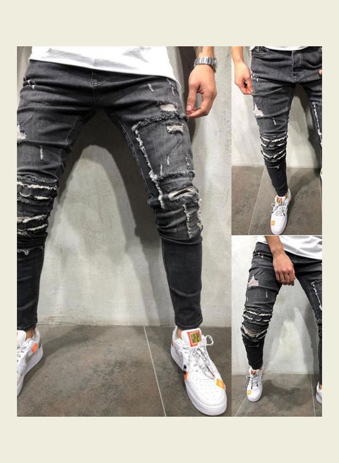 Elastic Waist Broken Hole Slim Jeans Pencil Pants Gray - Image 2