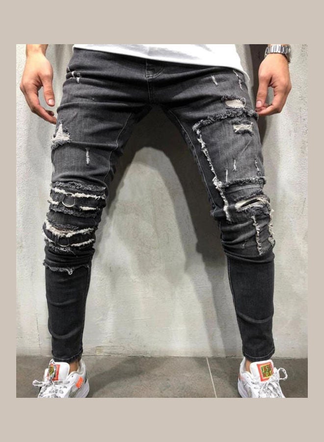 Elastic Waist Broken Hole Slim Jeans Pencil Pants Gray - Image 3