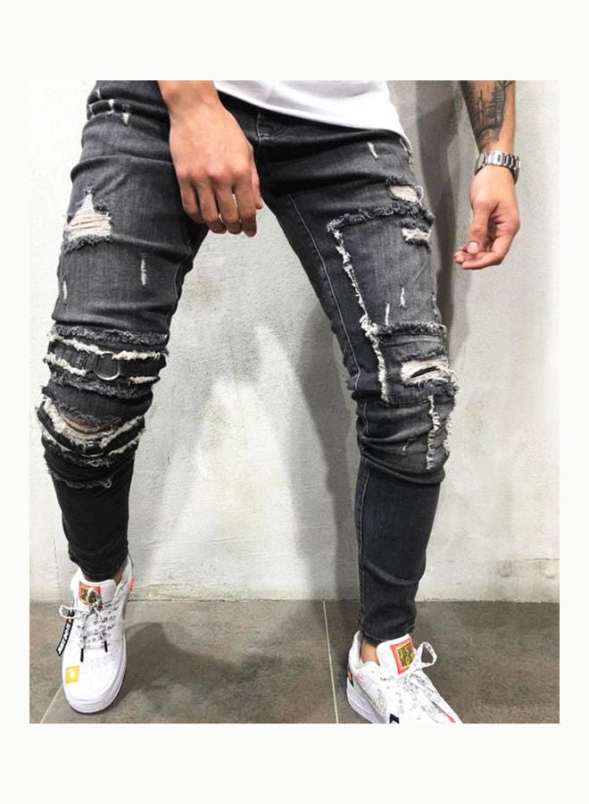 Elastic Waist Broken Hole Slim Jeans Pencil Pants Gray - Image 4