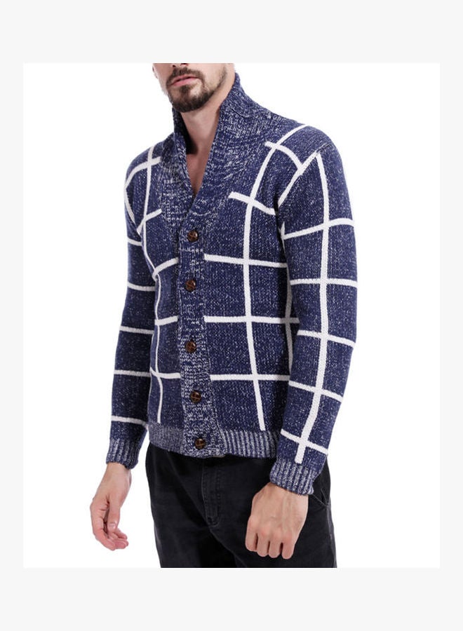 Generic - Knitting Plaid Cardigan Navy Blue - Image 1