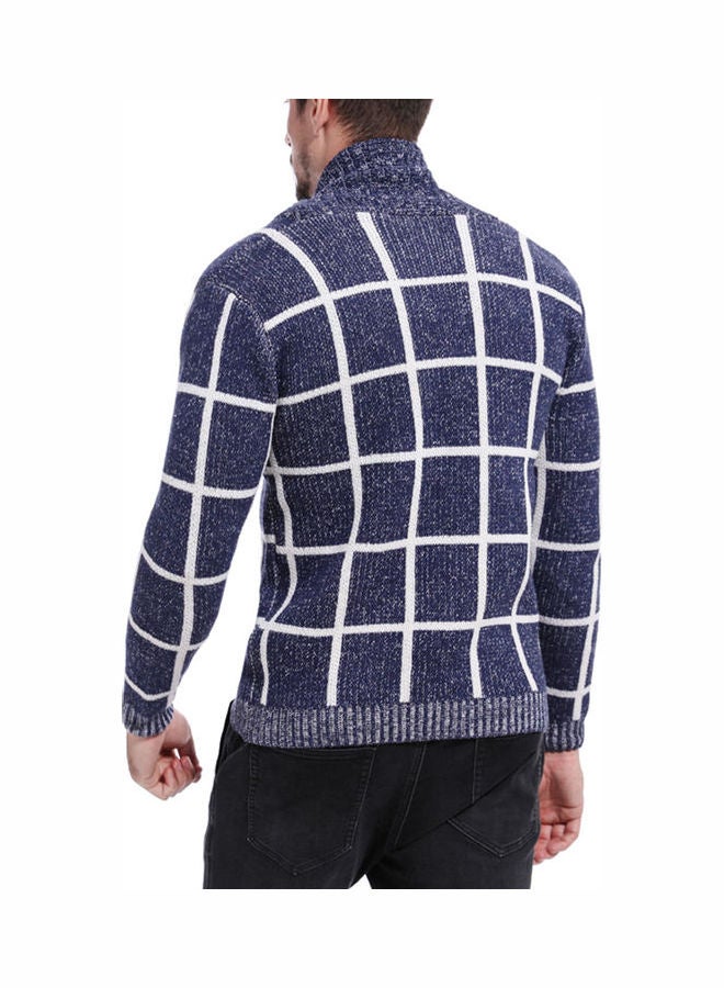 Generic - Knitting Plaid Cardigan Navy Blue - Image 1