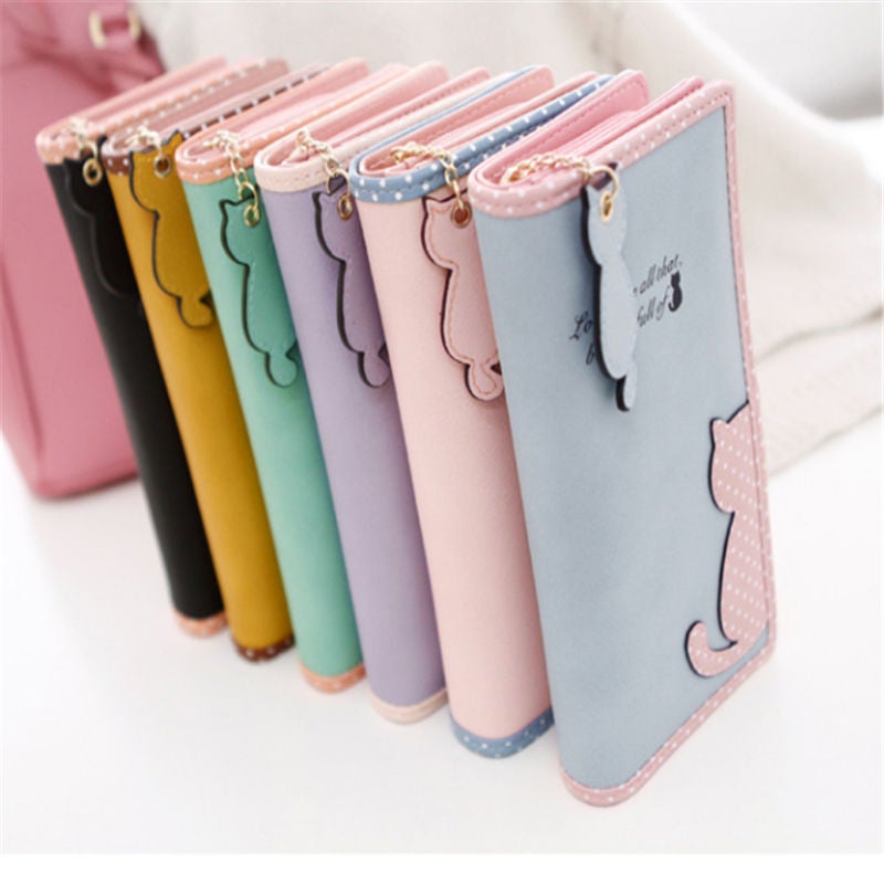 فريت محفظة نسائية مزينة برسومات قطة بألوان متباينة لطيفة أسود - Image 3