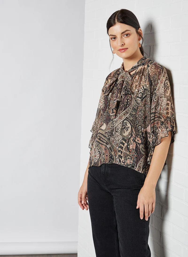 MANGO Paisley Print Bell Sleeve Blouse Grey