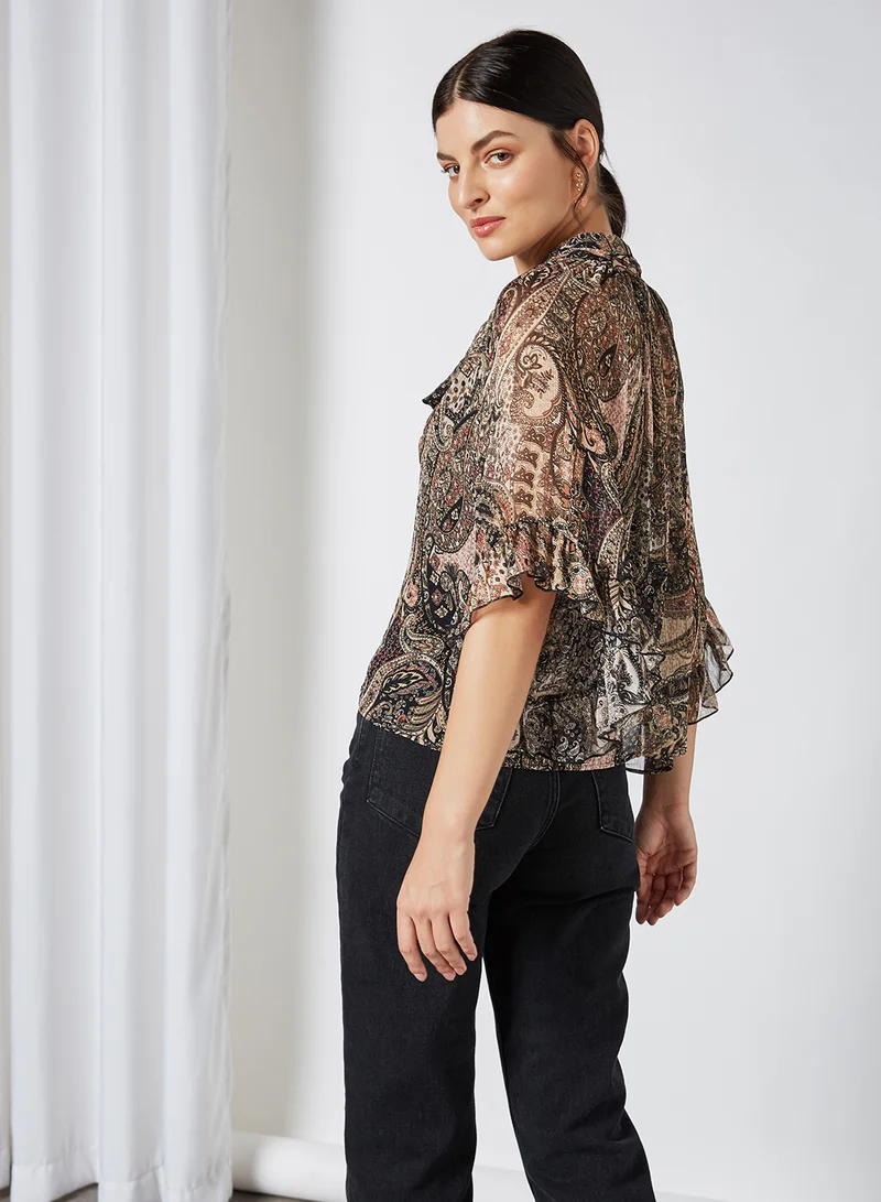 MANGO Paisley Print Bell Sleeve Blouse Grey