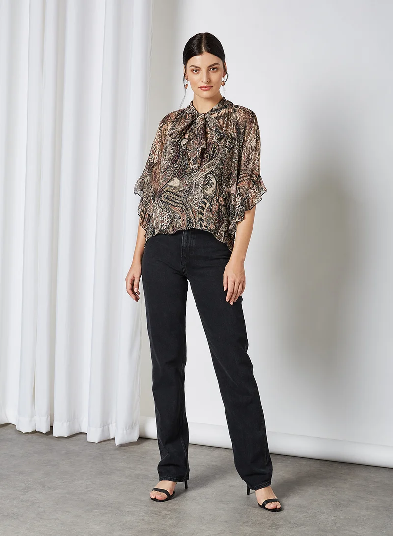 MANGO Paisley Print Bell Sleeve Blouse Grey
