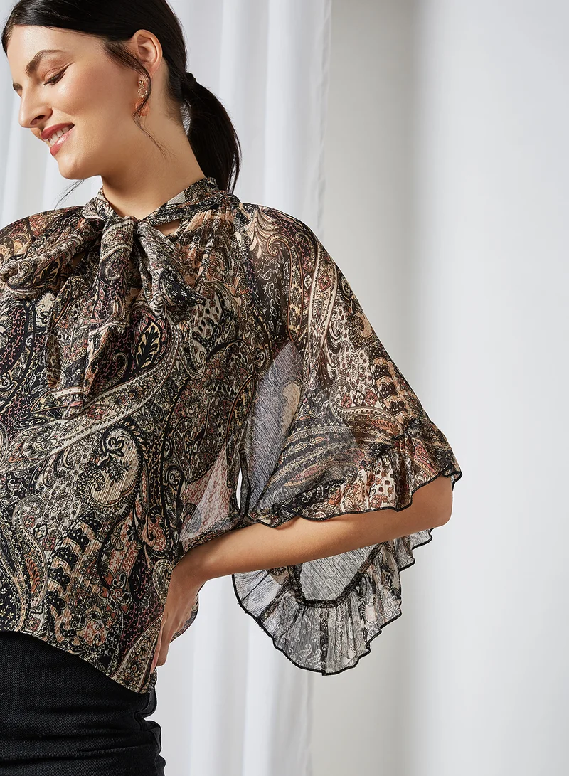 MANGO Paisley Print Bell Sleeve Blouse Grey
