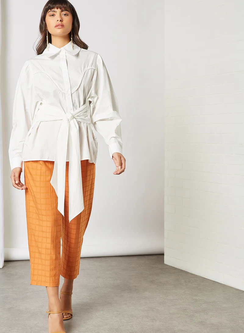 ELEGANZA Collar Puff Sleeve Tied Belt Blouse Off White