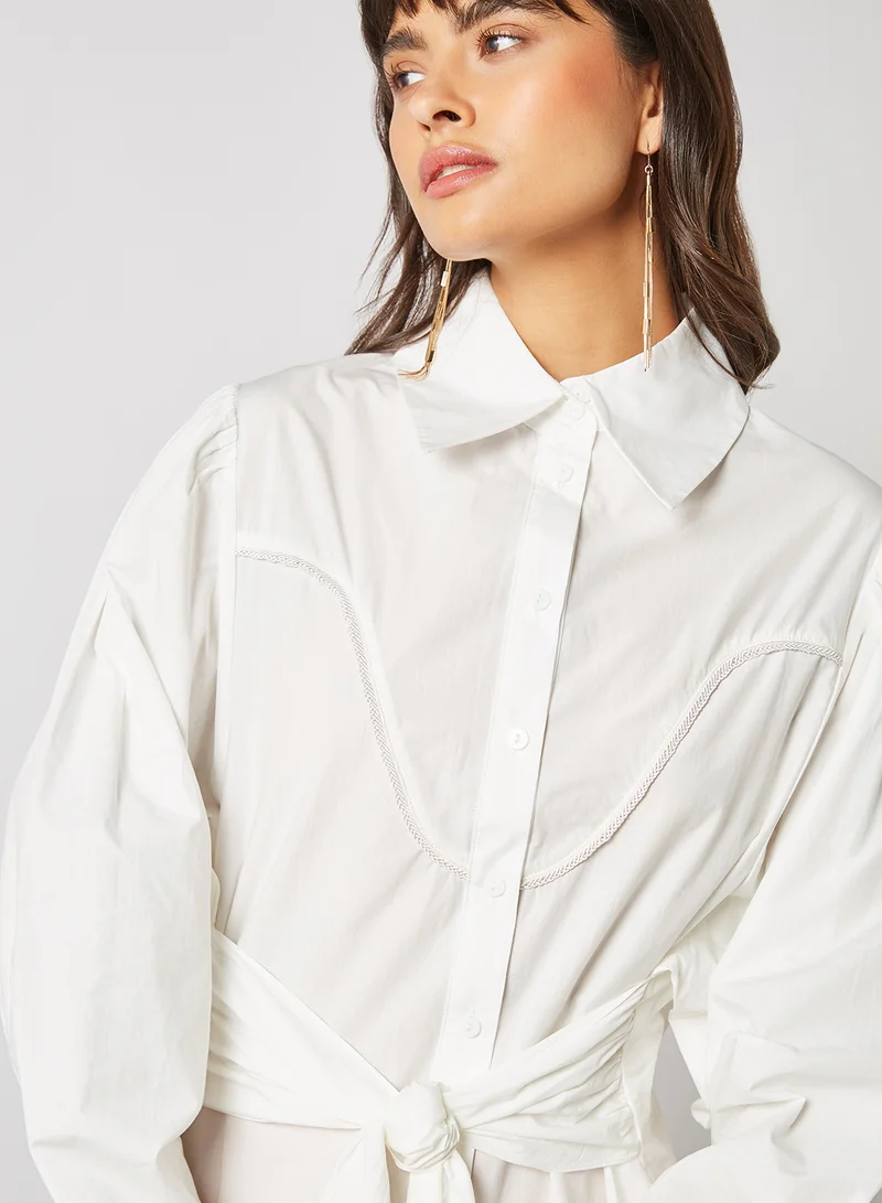 ELEGANZA Collar Puff Sleeve Tied Belt Blouse Off White