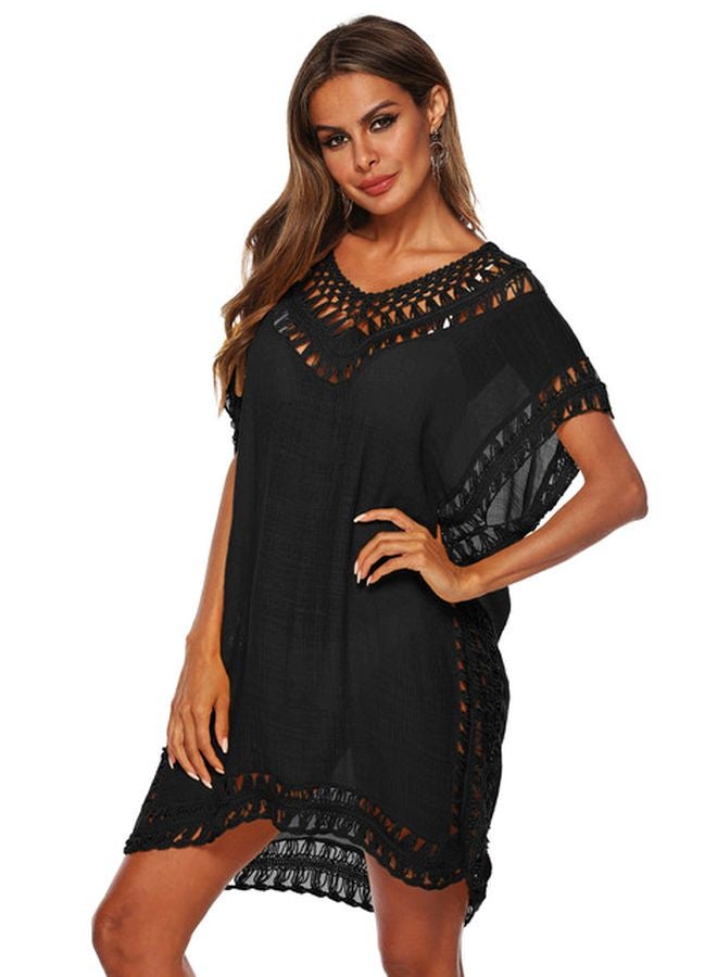 QiaoKai Semi Sheer Hollow Out Beach Cover Up Black  - Image 1