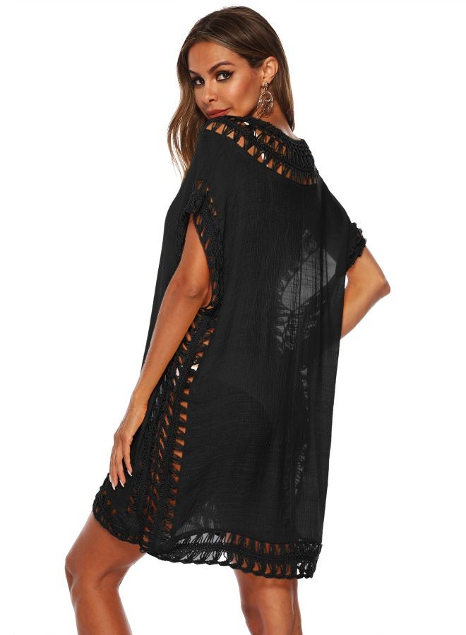 QiaoKai Semi Sheer Hollow Out Beach Cover Up Black  - Image 2