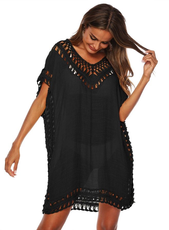 QiaoKai Semi Sheer Hollow Out Beach Cover Up Black  - Image 3