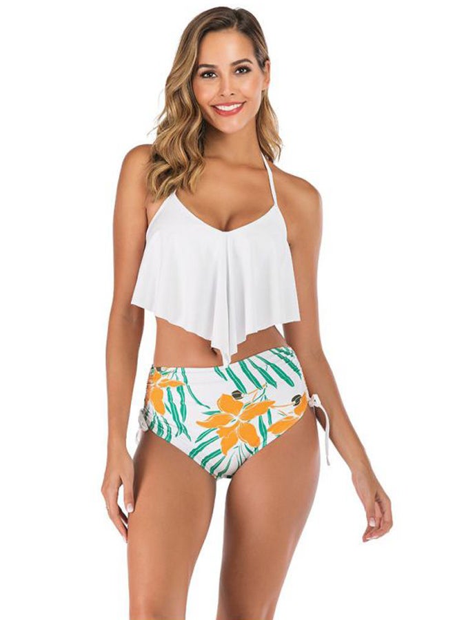 QiaoKai Ruffled Bikini Top And Bottom Set White/Yellow/Green  - Image 1