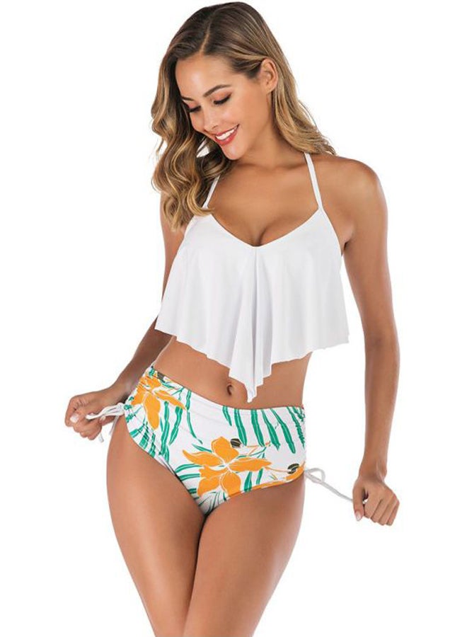 QiaoKai Ruffled Bikini Top And Bottom Set White/Yellow/Green  - Image 3