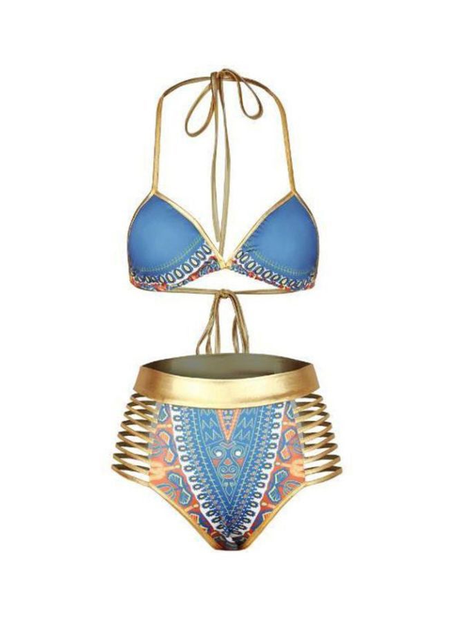 QiaoKai Printed Side Hollow Out Bikini Top And Bottom Set Blue/Gold/Red 
