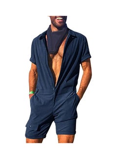 Men Solid Colour Jumpsuit Zip Romper Overall Work Clothes Navy Blue
