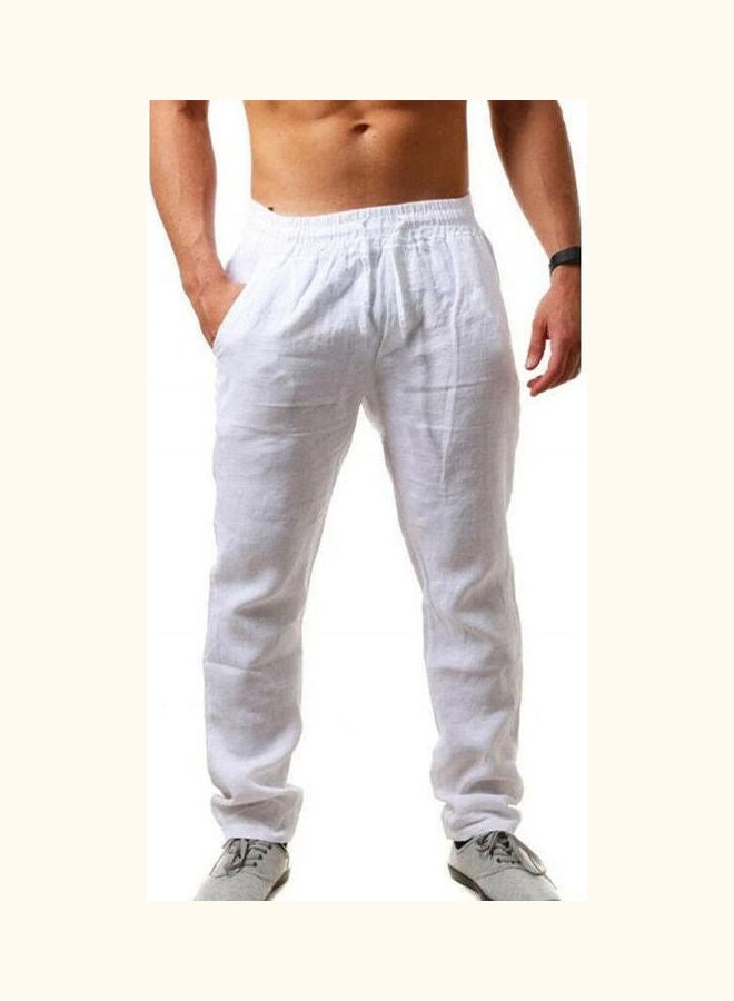 بنطال طويل برباط قابل للتهوية للرجال بلون سادة أبيض - Image 1