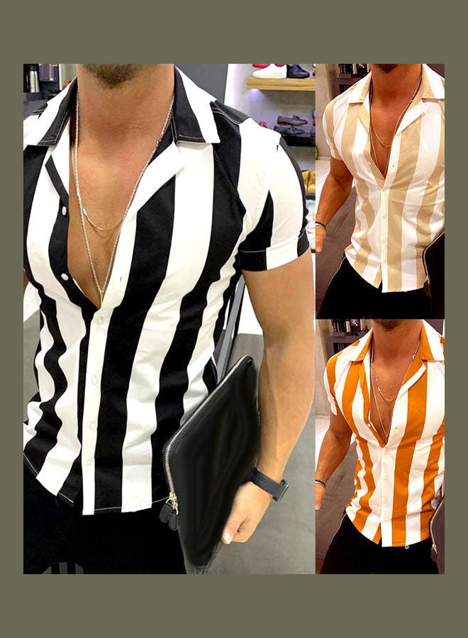Casual Men Turn Down Collar Buttons Slim Shirt Black - Image 2