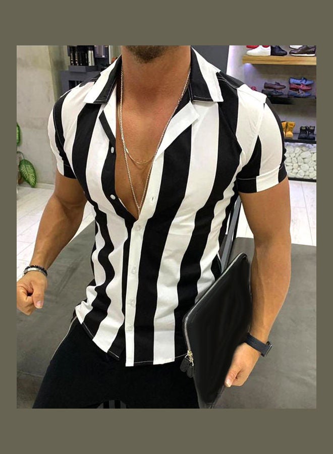 Casual Men Turn Down Collar Buttons Slim Shirt Black - Image 5