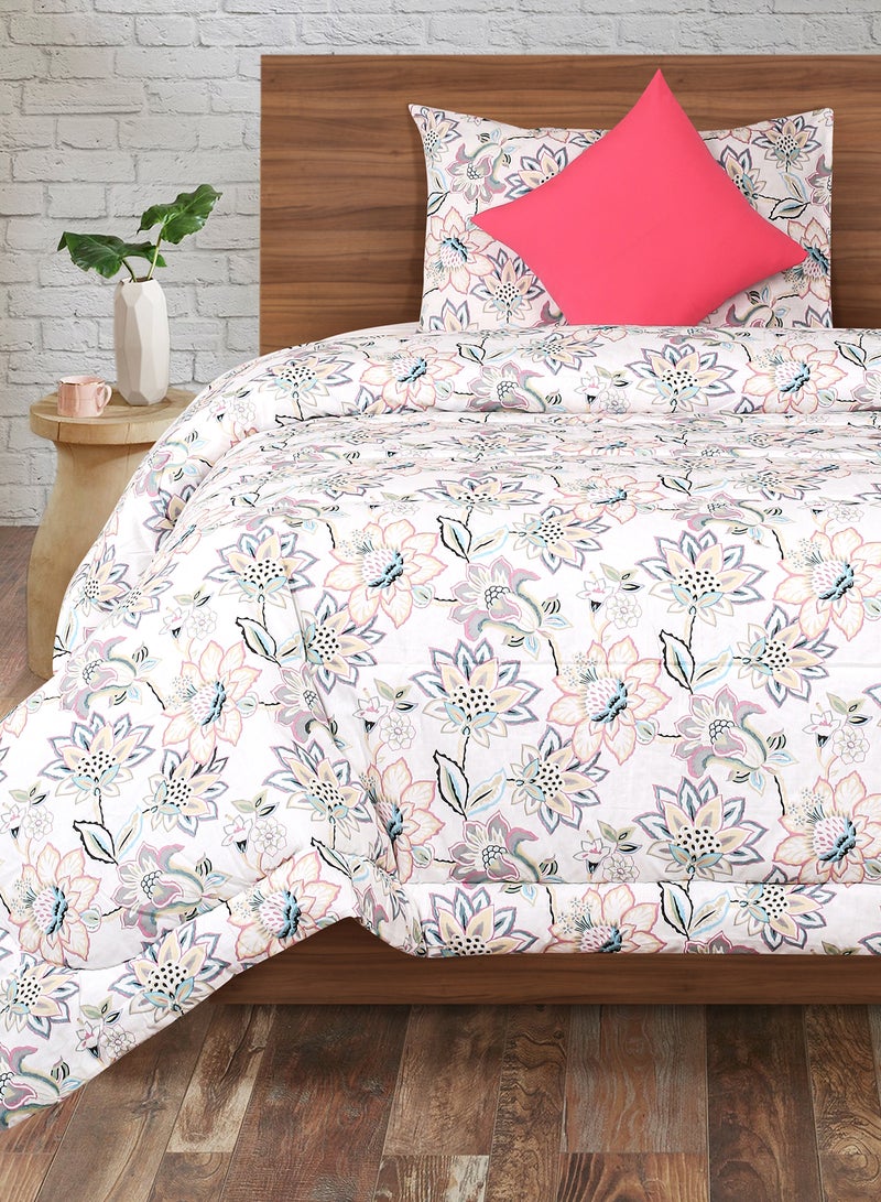 Amal Comforter Set Twin Size All Season Everyday Use Bedding Set 100% Cotton 3 Pieces 1 Comforter 150x200 cm, 1 Pillow Cover 50x75 cm, 1 Cushion Cover 40x40 cm White/Pink/Beige Cotton Twin Cotton White/Pink/Beige Twin - Image 1