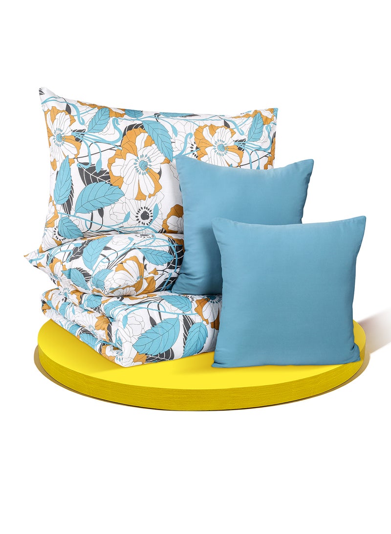 أمال طقم لحاف مقاس كينج للاستخدام اليومي لجميع المواسم مصنوع من القطن بنسبة 100% مكون من 5 قطع 1 لحاف 215 × 240 سم + 2 غطاء وسادة 50 × 75 سم + 2 غطاء وسادة 40 × 40 سم أزرق/أبيض/بني بوليستر كينج - Image 4