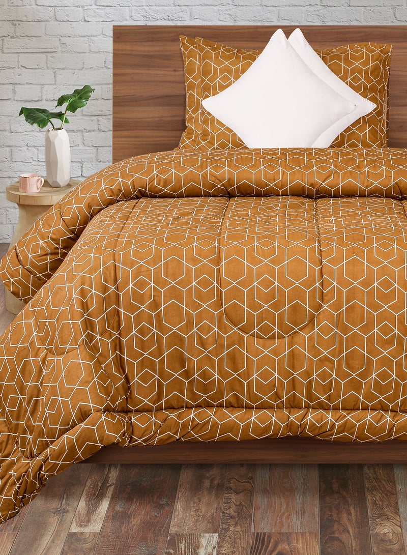 Amal Comforter Set King Size All Season Everyday Use Bedding Set 100% Cotton 5 Pieces 1 Comforter 215 x 240cm + 2 Pillow Covers 50x75 xm + 2 Cushion Covers 40x40 cm White/Brown Polyester King Polyester White/Brown  - Image 1