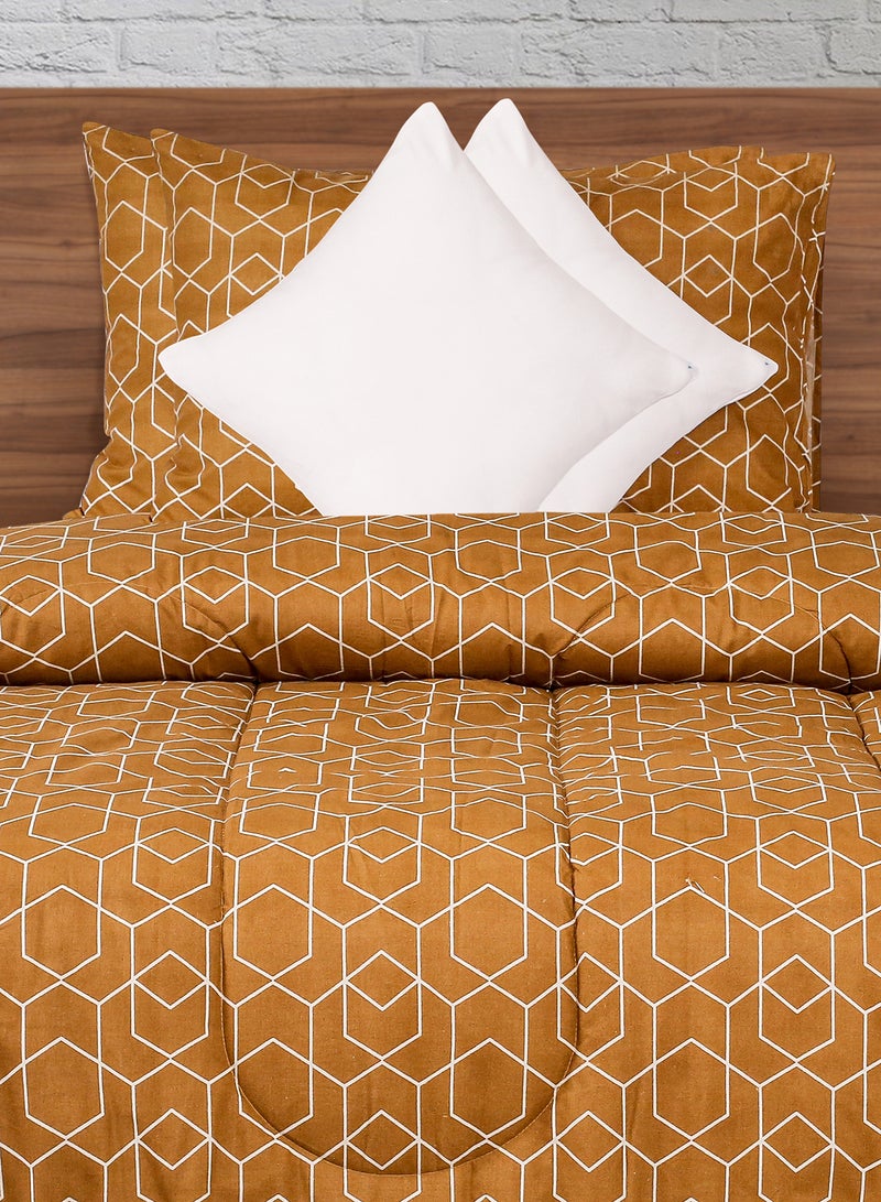 Amal Comforter Set King Size All Season Everyday Use Bedding Set 100% Cotton 5 Pieces 1 Comforter 215 x 240cm + 2 Pillow Covers 50x75 xm + 2 Cushion Covers 40x40 cm White/Brown Polyester King Polyester White/Brown  - Image 2