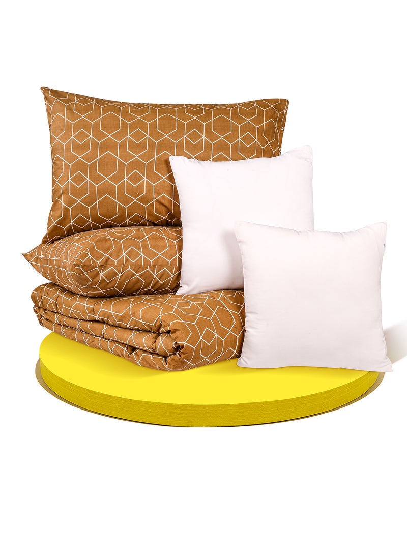 Amal Comforter Set King Size All Season Everyday Use Bedding Set 100% Cotton 5 Pieces 1 Comforter 215 x 240cm + 2 Pillow Covers 50x75 xm + 2 Cushion Covers 40x40 cm White/Brown Polyester King Polyester White/Brown  - Image 4