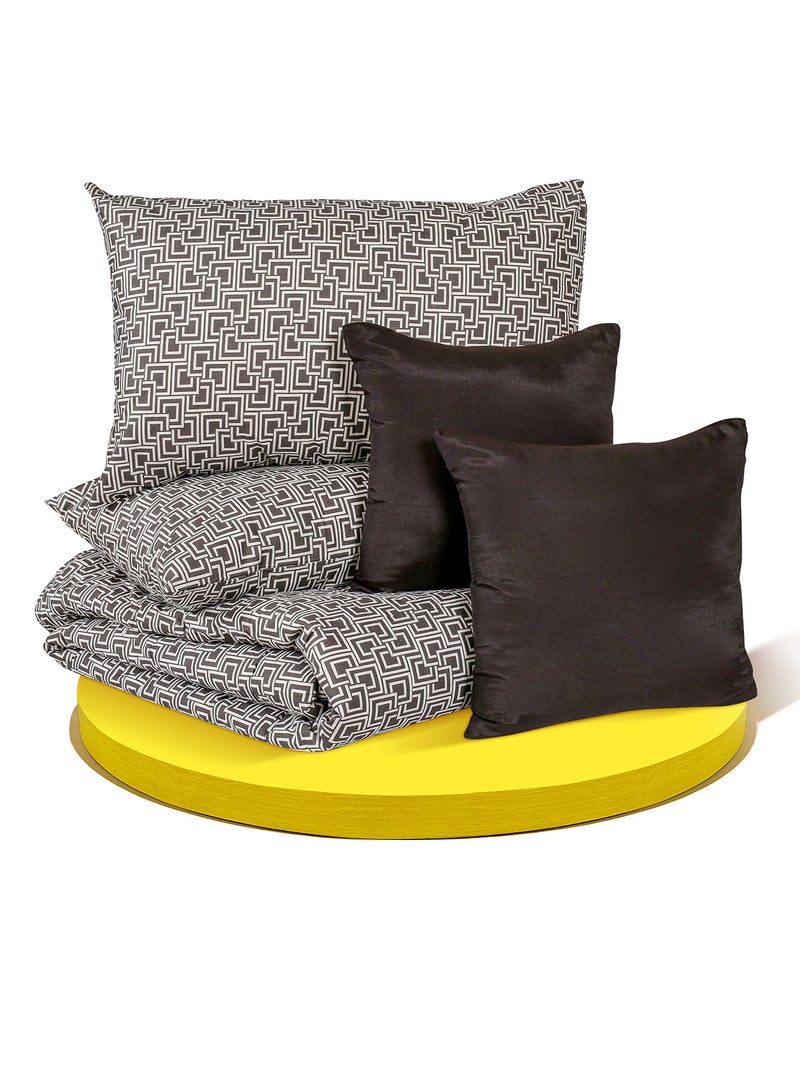 Amal Comforter Set Queen Size All Season Everyday Use Bedding Set 100% Cotton 5 Pieces 1 Comforter 200 x 220cm and 2 Pillow Covers 50x75 cm and 2 Cushion Covers 40x40cm  Polyester Grey/Brown 200 x 220cm Polyester Grey/Brown  - Image 4