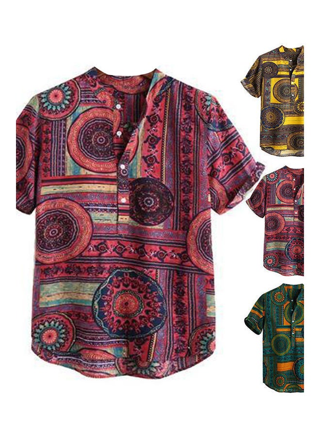 Summer Ethnic Geometry Print Short Sleeve Buttons Pullover Shirt multicolour - Image 2