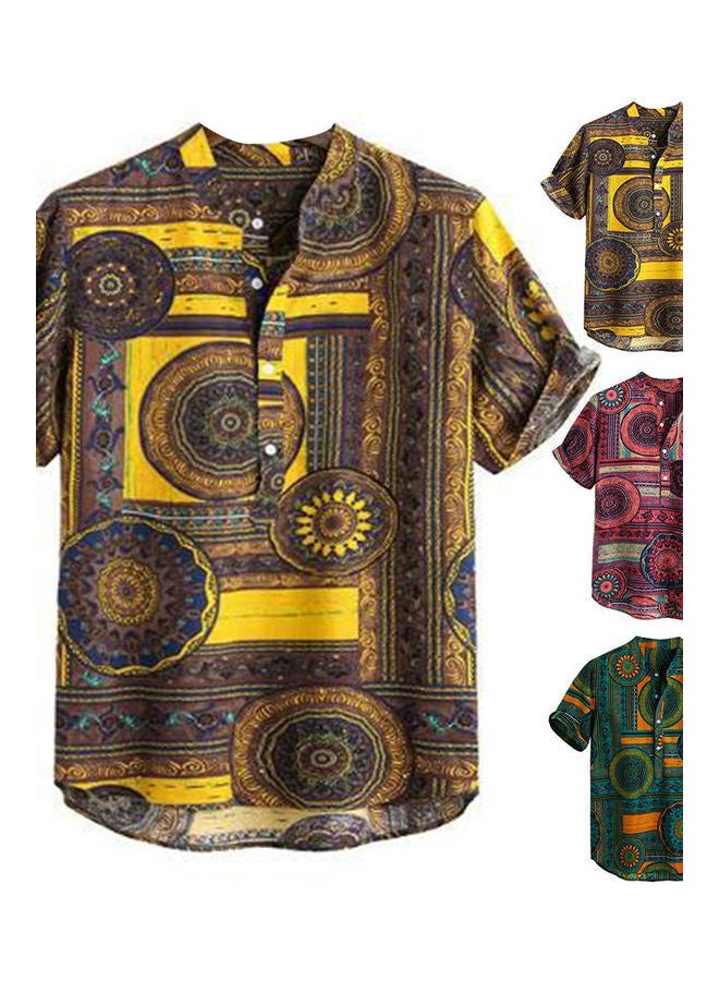 Summer Ethnic Geometry Print Short Sleeve Buttons Pullover Shirt multicolour - Image 3