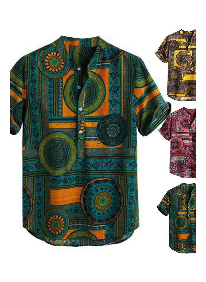 Summer Ethnic Geometry Print Short Sleeve Buttons Pullover Shirt multicolour - Image 4