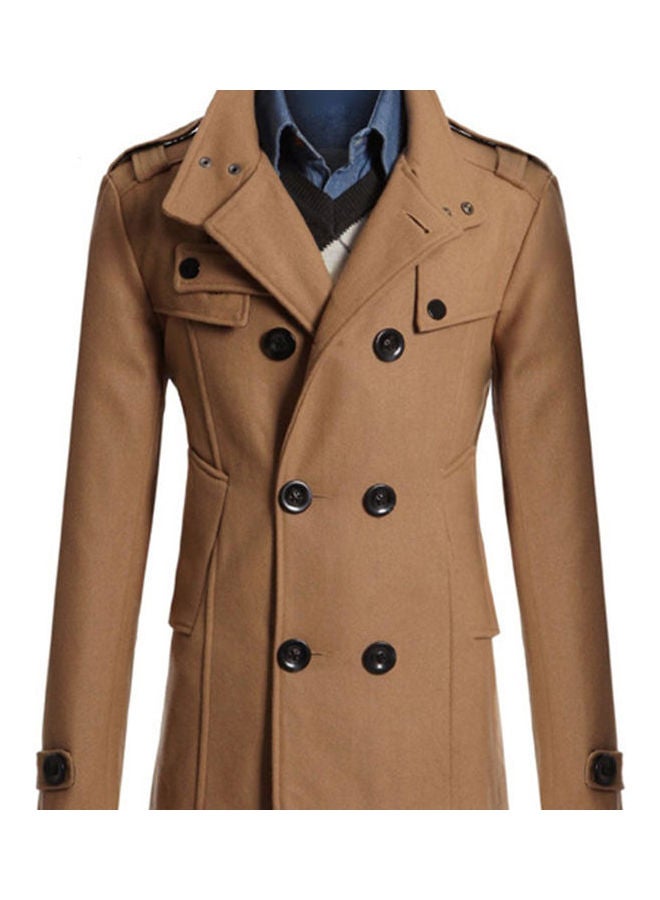 Long Sleeve Lapel Collar Double-Breasted Pockets Woolen Slim Trench Coat multicolour  - Image 1