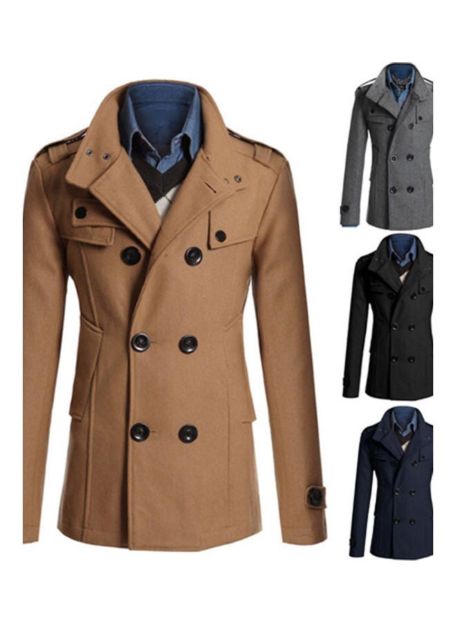 Long Sleeve Lapel Collar Double-Breasted Pockets Woolen Slim Trench Coat multicolour  - Image 2