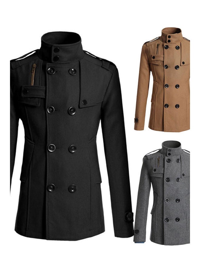 Long Sleeve Lapel Collar Double-Breasted Pockets Woolen Slim Trench Coat multicolour  - Image 4