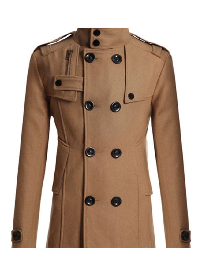 Long Sleeve Lapel Collar Double-Breasted Pockets Woolen Slim Trench Coat multicolour  - Image 5